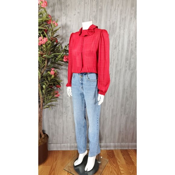 Vintage Red Blouse Button Down Ruffle Collar Holiday Photos Polyester Semi-Sheer - Picture 3 of 6